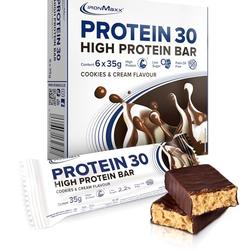IronMaxx Protein 30 Eiweißriegel – Cookies & Cream - 6x35g | High Protein Bar 30% Eiweiß, Low Carb & zuckerreduziert | Vitaminreicher Fitness Snack für Muskelaufbau & Diät