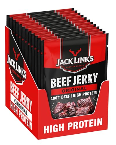 Jack Links Beef Jerky Original – 12er Pack (12 x 60g) – Trockenfleisch Eiweiß Snacks - High Protein Snack für Gym, Fitness, Outdoor - American Food für Menschen - Dörrfleisch Chips aus Rind Fleisch