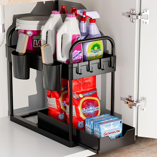 GEMWON Küchen Organizer, 2 Etagen Unter Waschbecken Regal mit 4 Haken & 2 Tassen, für Spülschrank & Badezimmer, Schrank Ordnungssystem für Küche, Haushalt & Wohnen