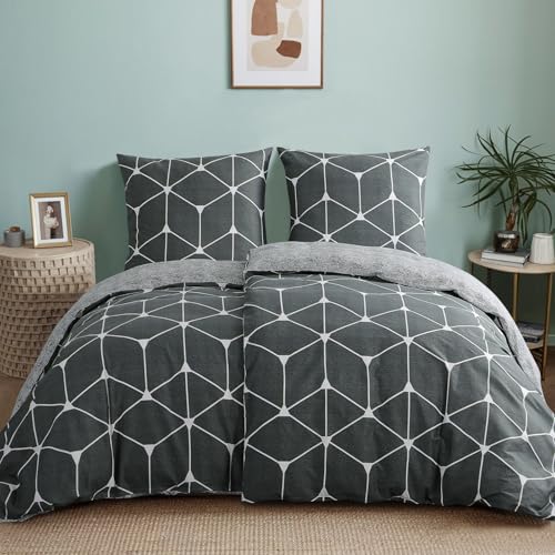 RUIKASI Bettwäsche 135x200 Baumwolle 4teilig Anthrazit - Baumwollbettwäsche 135 x 200 4tlg mit Geometrie Muster, Bettbezug Set 4 teilig Cotton mit Reißverschluss