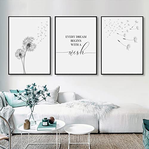 Trayosin 3er Poster Set Wohnzimmer - Aesthetic Blume Schwarz Weiß Bilder Deko Schlafzimmer - Pusteblume Leinwand Stilvolle Wandbilder - ohne Bilderrahmen (30x40cm)