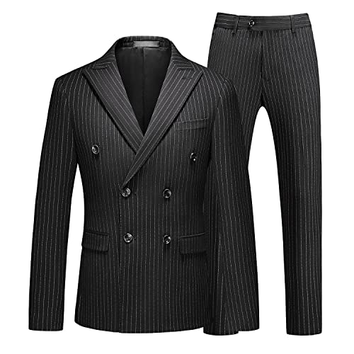 MOGU Herren-Anzug, 3-teilig, zweireihig, Nadelstreifen, schmale Passform, Smokingjacke, Weste, Hose für Business, Hochzeit, Abschlussball, Schwarz, 54