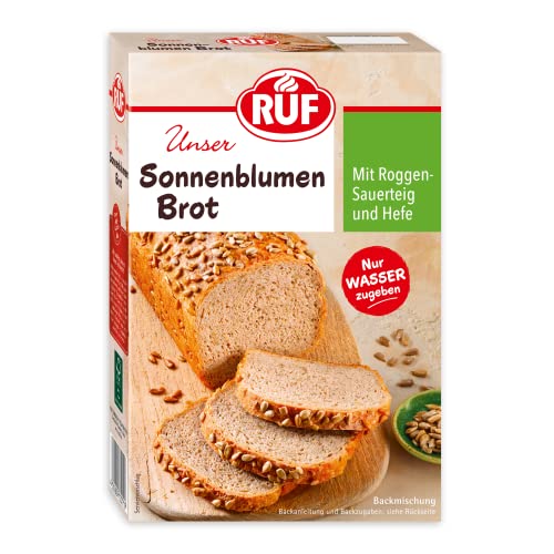 RUF Sonnenblumen Brot, nur Wasser hinzufügen, Brotbackmischung mit Sonnenblumenkernen, Brotteigmischung mit Roggen-Sauerteig und Hefe für Sonnenblumenkernbrot, 1 x 410g