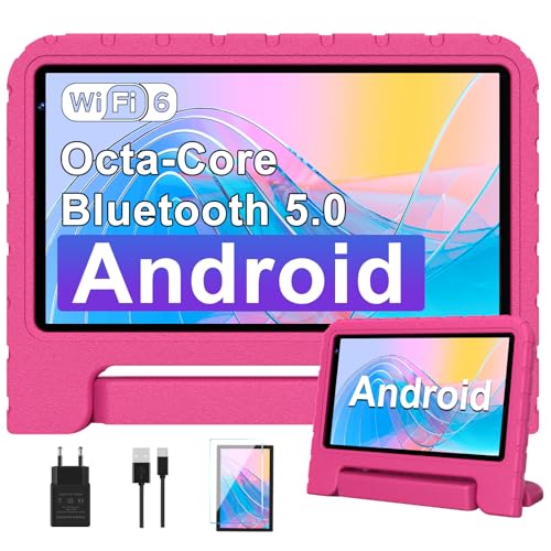 Kinder Tablet 7 Zoll Android mit 10GB RAM+64GB ROM+1GB Erweiterbar, 5G WiFi, Octa-Core | Kinder Pädagogisch | Elterliche Kontrolle | 5G WLAN | Dual Kamera | BT 5.0, Kids Tablet mit Eva Case - Rosa