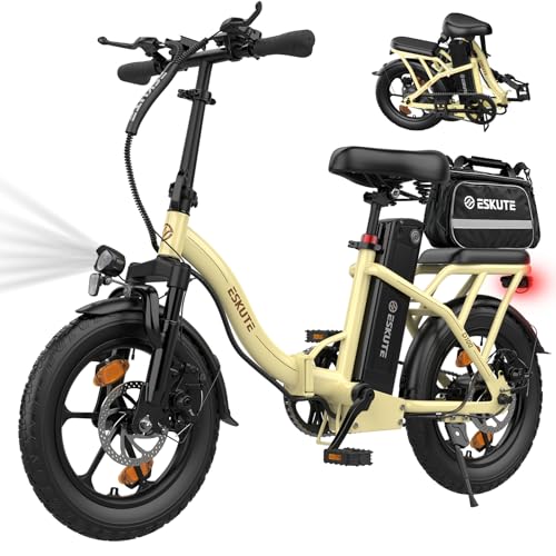 ESKUTE D100 E-Bike Klapprad mit Fahrradtasche, Elektrofahrrad für Herren Damen, Fatbike mit Abnehmbarem 36V 13Ah Akku, Lange Reichweite bis 100 km, Faltbares Pedelec für Erwachsene, Hellgelb