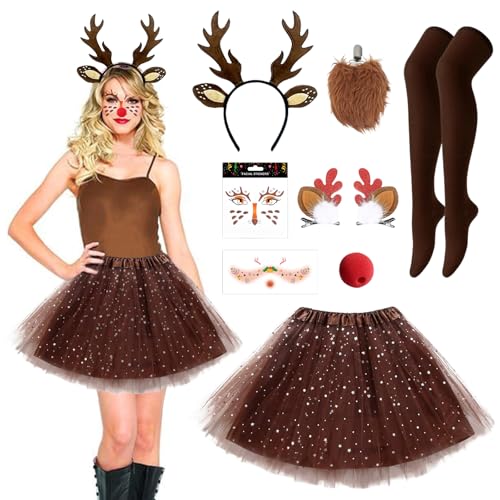 TZQFROCE Damen Geweih Kostüm 8 Stück Rentier Kostüm Damen Rentier Karneval Damenkostüm Set mit Socken Gesicht Tattoos Reh Kostüm Zubehör für Fasching Karneval Cosplay Mottoparty