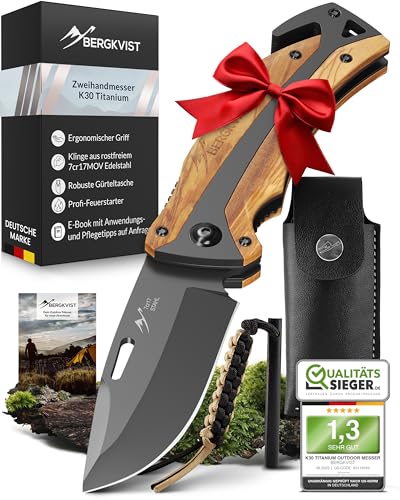 BERGKVIST® K30 Titanium Klappmesser (Zweihandmesser) - Mitführen in Deutschland erlaubt - 3-in-1 Taschenmesser für Outdoor, Camping & Survival mit Feuerstahl & Gürteltasche - Griff aus Olivenholz
