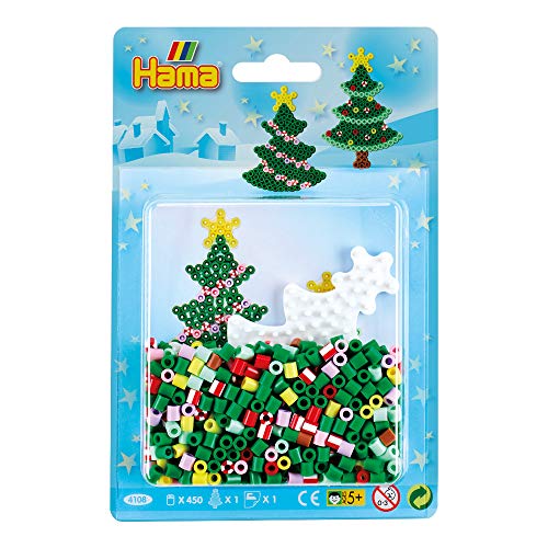 Hama Perlen 4108 Kleines Set Weihnachtsbaum mit ca. 450 bunten Midi Bügelperlen mit Durchmesser 5 mm, Stiftplatte und Motivvorlage, inkl. Bügelpapier, kreativer Bastelspaß für Groß und Klein