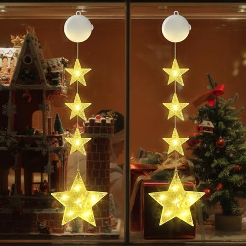 CNMTCCO 2 Stück LED Sterne Weihnachtsbeleuchtung, Weihnachtsdeko Fenster Lichter, Stern Fenster Lichter,Beleuchtet mit Batteriebetriebene, Timer, 2 Modi,für Fest,Party,Hochzeit,Weihnachten Deko