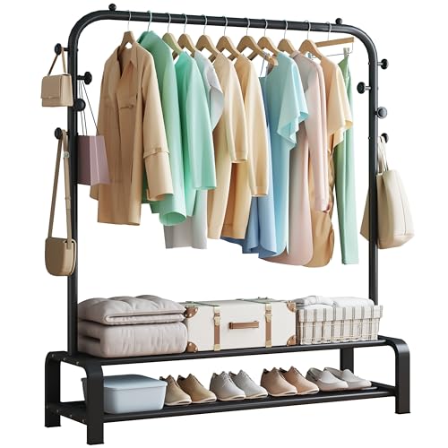 SMILOVII kleiderständer stabil, Kleiderstange mit 8 Haken und 2 Schuhregal Ablage Regal, 110CM breit, Geeignet für Schlafzimmer Garderobenständer, Freistehender Jackenständer - Schwarz