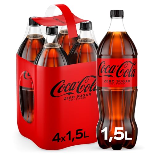 Coca-Cola Zero Sugar - koffeinhaltiges Erfrischungsgetränk mit originalem Coca-Cola-Geschmack - null Zucker und ohne Kalorien - erfrischender Softdrink in Einweg Flaschen 4 x 1500 ml