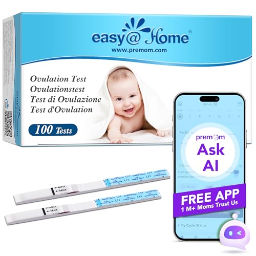 Easy@Home Ovulationstest 100 Teststreifen 25 mIU/ml Kinderwunsch Schnelltest Fruchtbarkeitstests für Eisprung – Unterstützt durch die Kostenlose Intelligent Premom Ovulation APP, 100 LH Tests