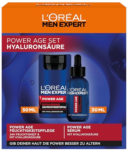 L'Oréal Men Expert Pflegeset gegen Falten für Männer, Geschenkset mit Anti-Aging Gesichtscreme und Serum gegen matte Haut, Geschenke für Herren mit Hyaluronsäure, Power Age, 1 x 50 ml, 1 x 30 ml