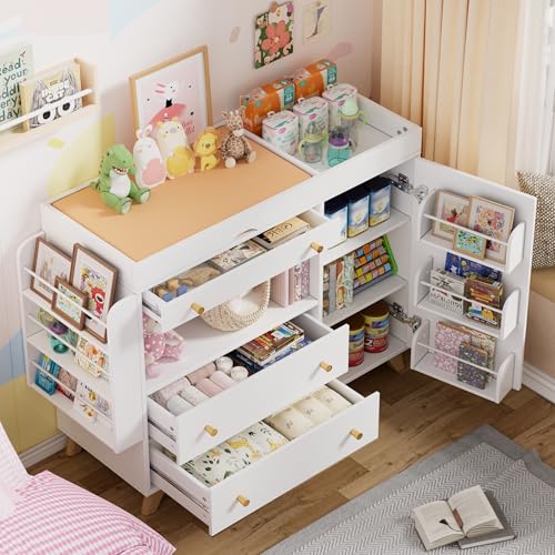 MSFE Wickelkommode+Kommode, mit Abnehmbarem Wickelaufsatz, Vielseitiger Wickeltisch Weiß mit 3 Schubladen und Regale, Schließfächer, bis zu 100KG,Keine Wickelunterlage enthalten, Zwei Pakete