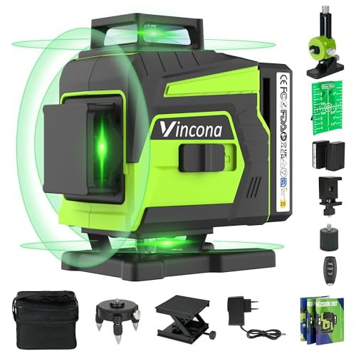 Vincona 4 x 360 ° Laser Wasserwaage, Kreuzlinienlaser Grün 16 Linien Nivellierlaser Selbstnivellierenden, Linienlaser kreuzlaser Baulaser mit 2 x Batterie für Innen- und Außenbereich Baustelle