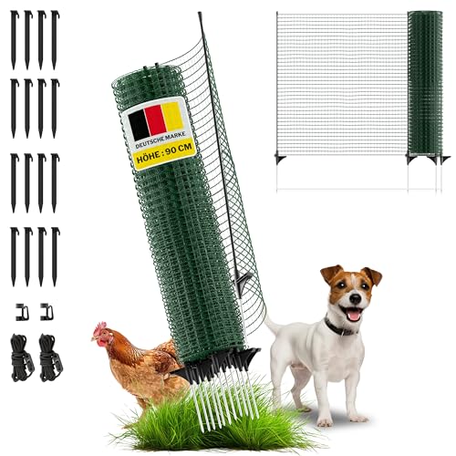 horizont Begrenzungszaun FIX, mobiler Zaun 20 m lang & 90 cm hoch, engmaschig, 12 Pfähle, Beetschutz, Gartennetz, Campingzaun, Hundezaun, Absperrzaun, Steckzaun