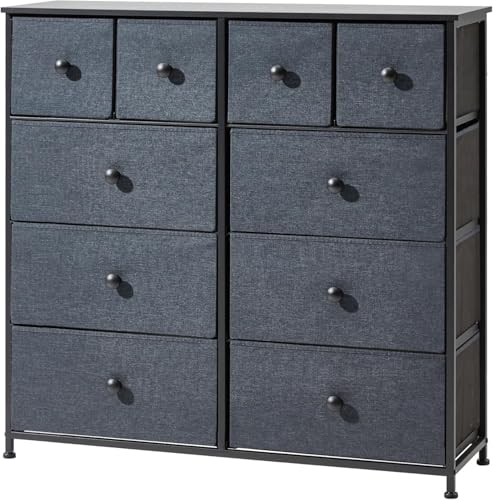 EROMMY Kommode mit Schubladen,Sideboard mit 10 Stoffschubladen,Metallgestell,PU-Leder Stoffkommode für Schlafzimmer, für Wohnzimmer, Flur, Büro-Dunkelgrau