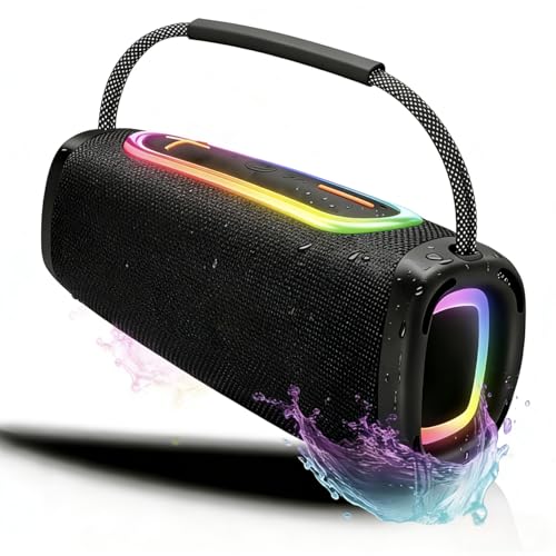 Tragbarer Bluetooth Lautsprecher IPX7 Wasserdicht & Staubdicht, 20h Akkulaufzeit, Bluetooth 5.3, 30W Stereo Sound mit Bass Boost, RGB Licht für Party/Outdoor/Strand, USB-C Schnellladung