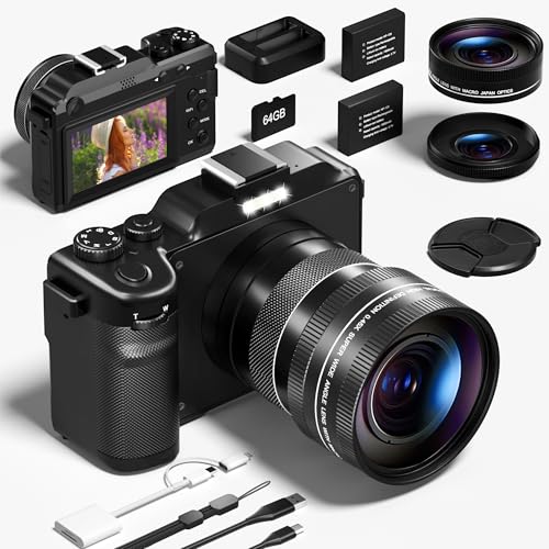 Digitalekamera, 5K 64MP Fotokamera mit WiFi, 64GB Karte, Autofokus, Selfie 3-Zoll LCD-Bildschirm, kompakte Vlogging-Kamera für YouTube, Weitwinkel- & Makroobjektiv für Anfänger und Erwachsene