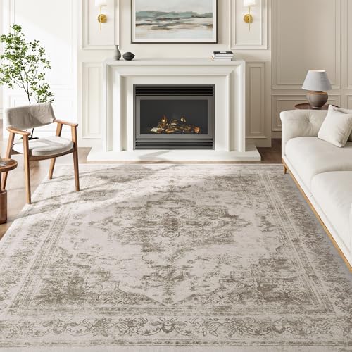 HUGEAR Vintage Beige Waschbarer Teppich Wohnzimmer 150x210cm Retro Rugs for Living Room Weich rutschfest Groß Tepich Kurzflor Schlafzimmer Carpet Living Room Bedroom Esszimmer Teppiche Büro