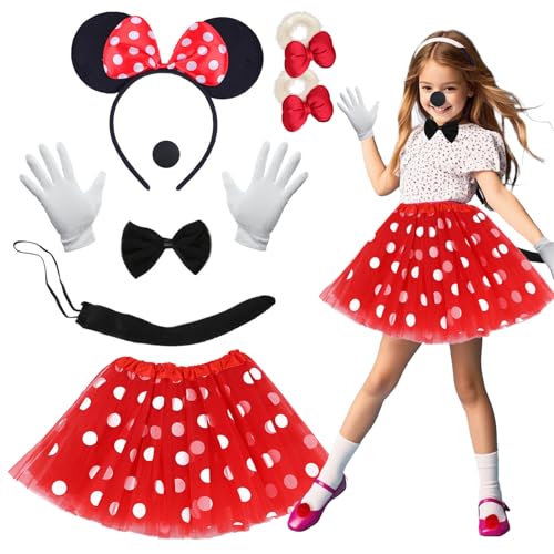 Xerteam Maus Mouse Kostüm Kinder, 7-teiliges Mädchen Mini Maus Kostüm, Rot Rosa Tutu + Maus Ohren + Nase + Fliege + Schwanz + Handschuhe + Haargummis, Kinderkostüme Mädchen Karneval Kostüm Kinder