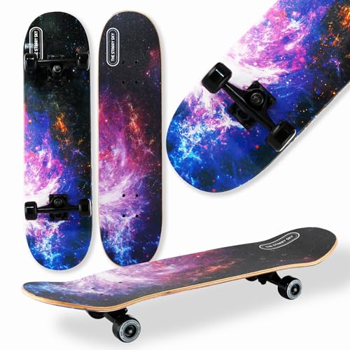 WeLLIFE Skateboard für Anfänger, 80x20cm Holz Skateboard Kinder, Jugendliche Erwachsene,ABEC-9 Kugellager, 9 Schichten Ahorn Double Kick Skate Concave Trick (DBL464)