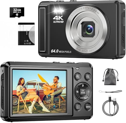 Digitalkamera 4K 64MP, 2.8 Zoll UHD Autofokus Kamera fotokamera, 32GB Karte & Akku,16X Digitalzoom Wiederaufladbare Tragbare Kompaktkameras mit Anfänger Jugendliche