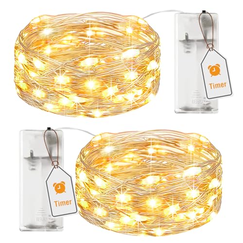 btfarm 2 Stück Lichterkette Batterie mit Timer, 2M 20 LED Micro Silberdraht Lichterkette Draht Innen Batteriebetrieben für Party Schlafzimmer Weihnachten Hochzeit Halloween Deko, Warmweiß