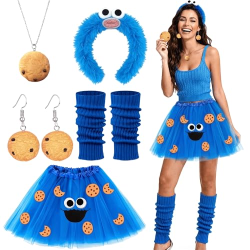 GEVECORI Krümelmonster Kostüm Damen Kinder, Karneval Lustige Kostüme Damen Cookie Monster Haarreif, Tüllrock Blau Ohrringe Halskette, Beinwärmer Augen&Mund Keksaufkleber Lustig für Fasching Mottoparty