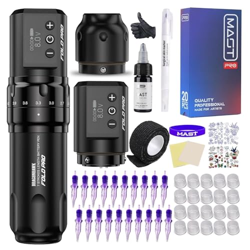 Dragonhawk Tattoo Maschine Set Fold Pro Kabelloser Tattoo Maschine Gun with 2 Batteries mit 7 Hübe 2.4-4.2mm 20 Stück Tattoo Nadeln für Linien und Sharding