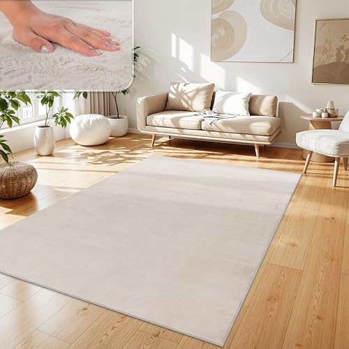 Paco Home Teppich Wohnzimmer Kunstfell weich waschbar modern elegant pflegeleicht Felloptik Uni Seidenglanz flauschig Kurzflor, Grösse:200x280 cm, Farbe:Creme