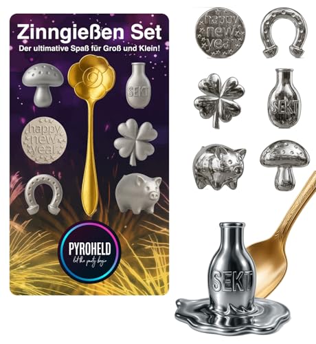 PYROHELD 7-teiliges Zinngießen - Set: Traditionelles Gießen mit Zinn wie Bleigießen, inklusive Löffel & Deutungsbuch - Silvester & Neujahr 2025 & 2026