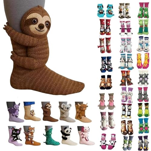 Battnot 3D Stricksocken mit Tieren,Animal Socks,Handgehäkelte Tiersocken, Doppellagige Baumwolle,Winter Warme Umarmung Kuschelsocken Damen Kuschelsocken Männer Weihnachten Herren Damen Socken