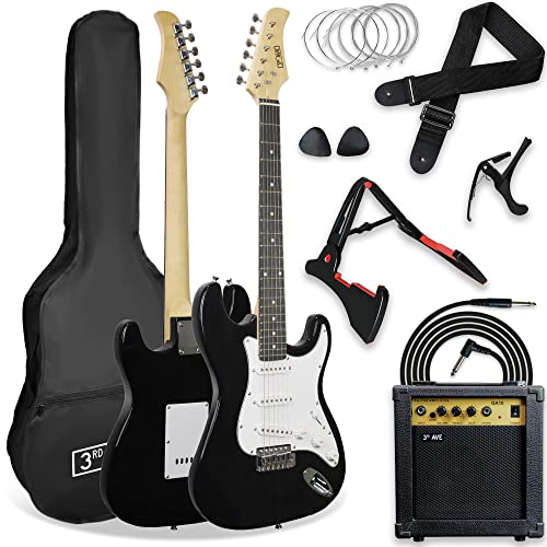 3rd Avenue XF Full Size 4/4 E-Gitarre Ultimate Kit Mit 10-W-Verstärker, Digitalem Stimmgerät, Kabel, Ständer, Gigbag, Gurt, Ersatzsaiten, Plektren, Kapodaster - Schwarz