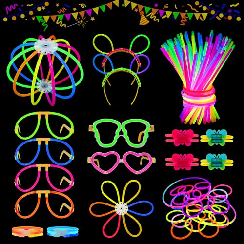 MOSSNDAR Knicklichter Party Set,100 Stück Leuchtstäbe 132 Verbinder,Neon Knicklichter Haarreif Brille Armband Sets für Party Zubehör Weihnachtsdeko Silvester Deko Silvester Feuerwerk kinder Silvester