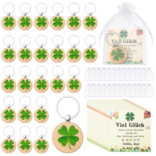 24 Set Glück Geschenkset mit 24 Schlüsselanhänger Kleeblatt Holz, Grußkarten und Organzabeutel, Schlüsselanhänger Glücksbringer abschiedsgeschenke für Freunde, Kollegen undschüler