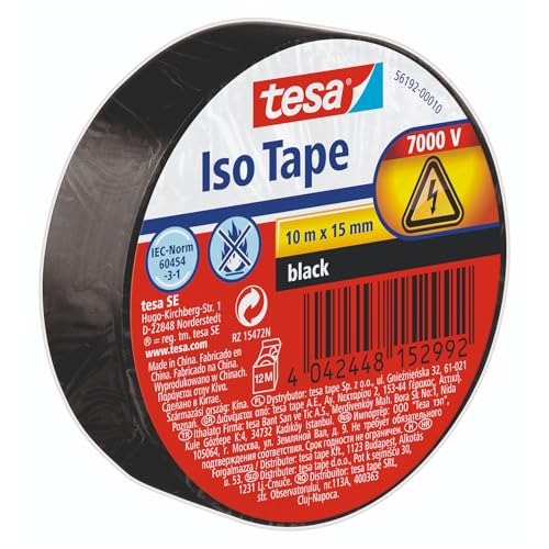 tesa Isolierband - Selbstklebendes Isolierband, hitzebeständig - Zum Isolieren, Reparieren und Bündeln - 1 x 10m - Schwarz
