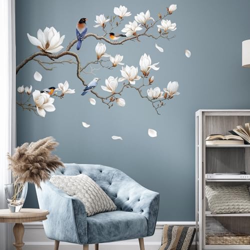 SHUCHING Wandtattoo Weiße Blumen, Wandaufkleber Magnolie, Selbstklebend Wandsticker für Wohnzimmer Schlafzimmer Küchef - Linke