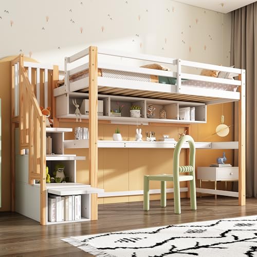 Merax Hochbett 90x200cm mit großen Schreibtisch und Regale, Kinderbett mit Sicherheitsleiter, Etagenbett mit Stauraum für Jungen, Mädchen, Natürlich und Weiß (Ohne Matratze)