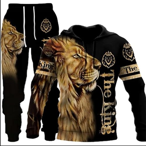 hiegi Herren Athletic 2 Stück 3D Löwe Tiger Wolf Trainingsanzug Casual Jogging Sweat Suit Set (F6,M)