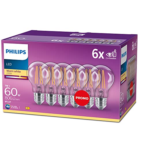 Philips LED Classic E27 Filament Lampen 6-er Pack (60 W), LED Lampen mit warmweißem Licht, energiesparende LED Beleuchtung mit langer Nutzlebensdauer, Warmweiß