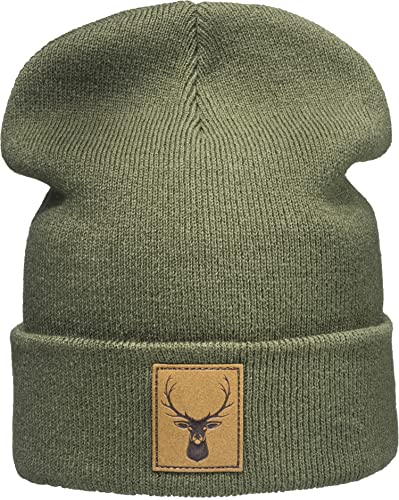 Baddery Outdoor Strickmütze: Hirsch mit Leder Patch - Bergsteigen, Klettern, Bouldern, Sport, Wandern, Jagd, Wintermütze, Beanie, Workwear, Geschenk (One Size - Grün)