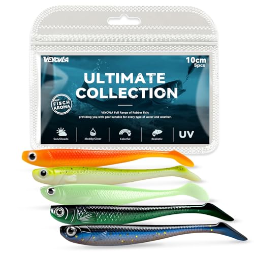 VEYCVLA Fishing Gummifische Zander Set 10 cm 5 Stück Farben Gummiköder Zander-Angeln-Softbait Angelköder,Gummi Fische Gummifisch Set Zander-Gummifisch Zander Köder