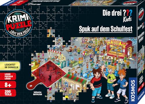 Die drei ??? Kids - Krimi Puzzle - Spuk auf dem Schulfest von KOSMOS 697983, Leuchtet im Dunkeln, 200 Teile, Lesen, Puzzeln, Rätsel lösen, Detektiv Puzzle für Kinder ab 8 Jahre