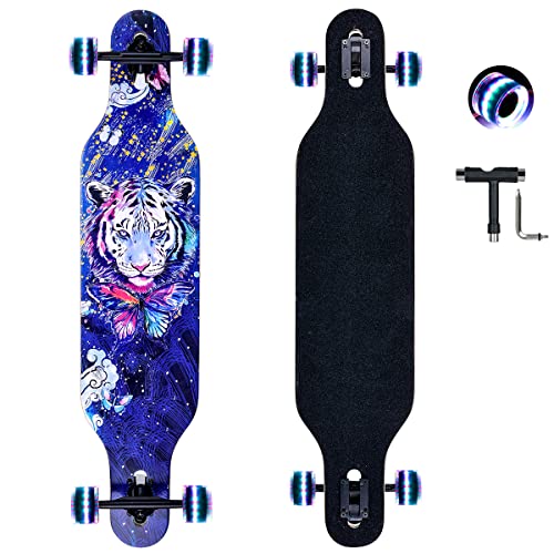 Longboard, 8-lagigem Ahornholz Cruiser komplettes Skateboard,Longboards für mädchen Erwachsene jung anfänger mit T-Tool und PU-Räder (Blau)