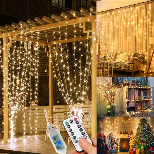 WEARXI Lichterkette, 3×3m 300 LED Lichtvorhang, 8 Modi LED Lichterkette Vorhang für Innen & Außen, Outdoor, Zimmer, Party, Balkon deko, Weihnachtsdeko(Warmweiß)