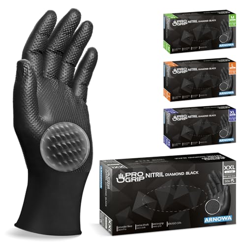 PROGRIP Einweghandschuhe Diamant Grip, Schwarz, Einmalhandschuhe Extra Stark, Nitrilhandschuhe Gr. XXL, 2x dicker, Handschuhe Einweg, Arbeitshandschuhe für Werkstatt & Montage, 50 Stk/Box