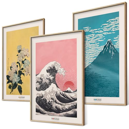Hokusai Poster Set Japanische Wanddeko Japan Kunst Bilder Schlafzimmer Deko Wohnzimmer Dekoration Eklektische Gemälde (3x A3 | Ohne Rahmen)