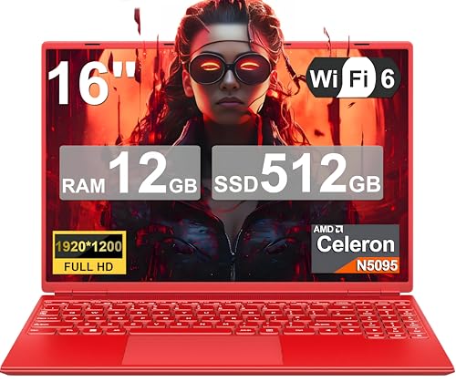 2025 Gaming Laptop 16 Zoll Win11 12+512GB SSD Unterstützung 2TB(HDD-2TB) 1920x1200 Notebook 4-Core Celeron N5095 (bis 2.9GHz) Laptop mit Nummerntastatur WiFi Mini HDMI Deutscher Tastaturschutz-Rot