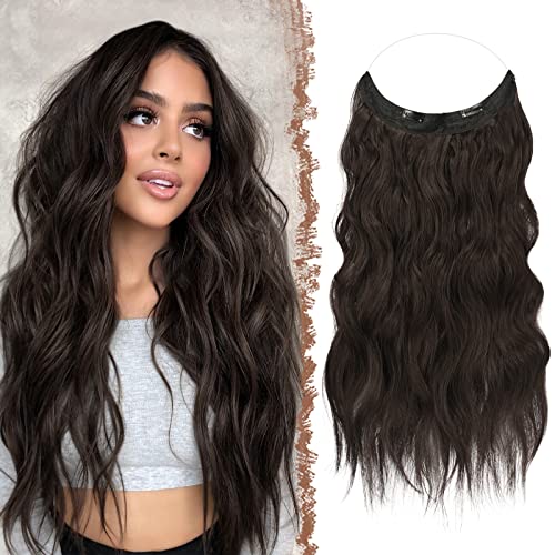 FESHFEN Secrets Haare Extensions Lange Gewellt Haarverlängerung Invisible Secret Haarextension Synthetik Hair Unsichtbarem Haarteile für Frauen 50 cm Dunkelbraun